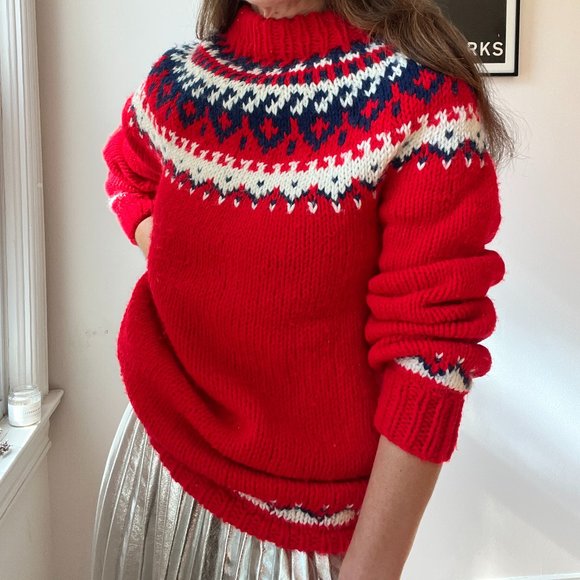 vintage red apres ski nordic sweater size medium handmade - Picture 2 of 5